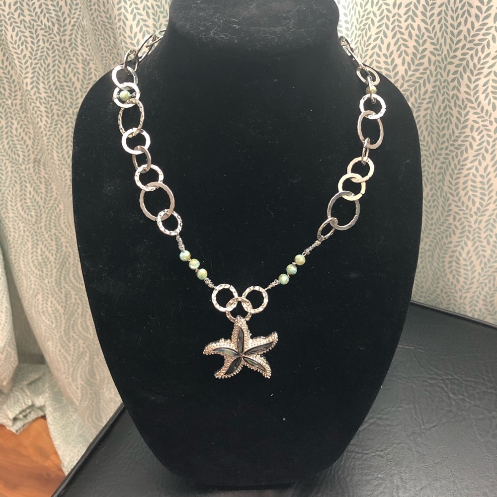 Silver starfish, mother of pearl necklace
